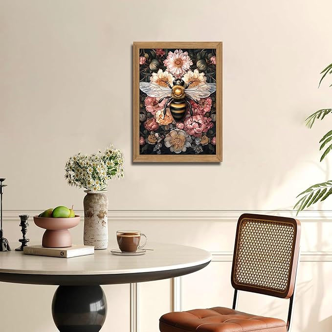 Framed Vintage 3D Textured Wall Art - Dark College Bee Flowers Wall Decor - Hand Drawn Sandstone Nature Botanical Pictures for Living Room Bedroom Home Decor 12x16in