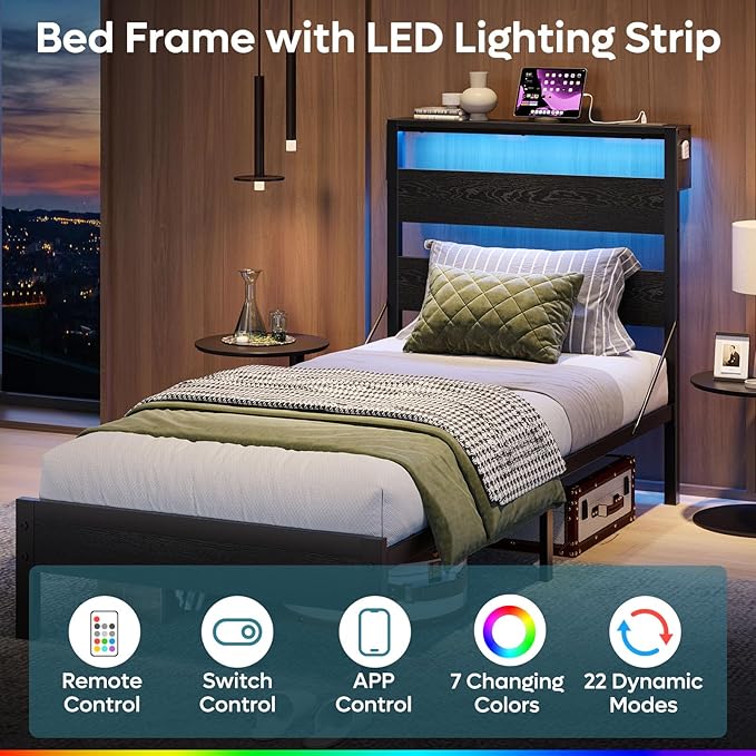 Bestier Twin Bed Frame with Storage Headboard and Charging Station, Black Platform Bed Frame with LED Light, Non-Slip Metal Bed Frame, Noise-Free, Easy Assembly