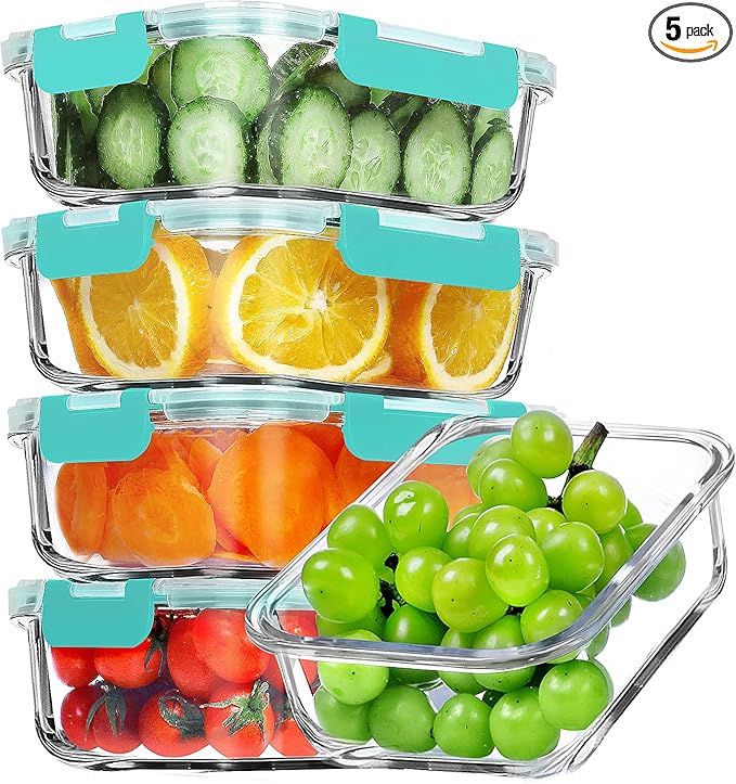 VERONES 5 Pack 36 OZ Glass Meal Prep Containers, Airtight Glass Lunch Containers Set, Glass Food Storage Containers with Lids,Exclusive of BPA, for Microwave, Oven, Freezer & Dishwasher Friendly,Green