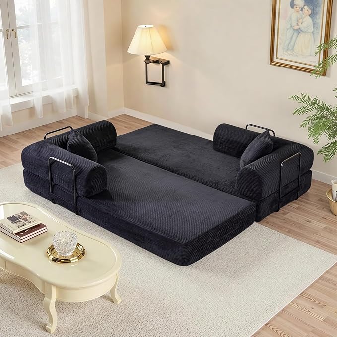 Rovibek 4-in-1 Convertible Sleeper Sofa Bed Queen Size, Foldable Floor Couch Corduroy, Folding Futon Sofa Beds with Pillow and Fixed-Shape Frame, Suitable for Living Room, Bedroom, Lounge, Black