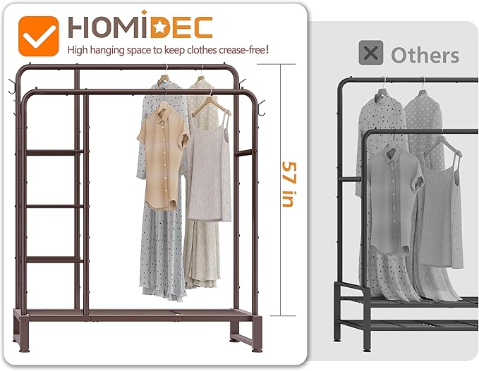 Double Rods Clothes Rack Clothing Rack with 4 Tier Storage Shelves Clothes Rack for Hanging Clothes Multifunctional Heavy Duty Clothes Organizer with Hooks for Bedroom,Wardrobe Closet,Shop,Brown