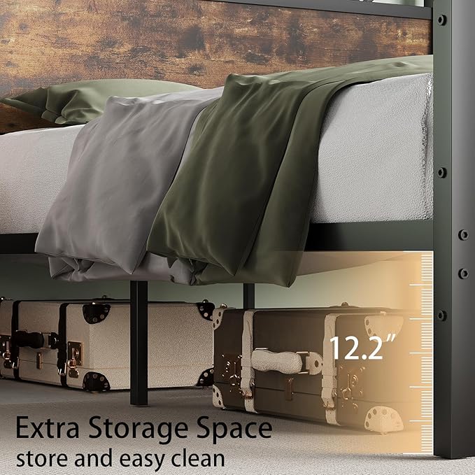 King Size Bed Frame, King Bed Frame and 51.2" Tall Industrial Headboard, King Platform Bed Frame with Strong Steel Slats Support, Noise Free, No Box Spring Needed, Easy Assembly, Rustic Brown