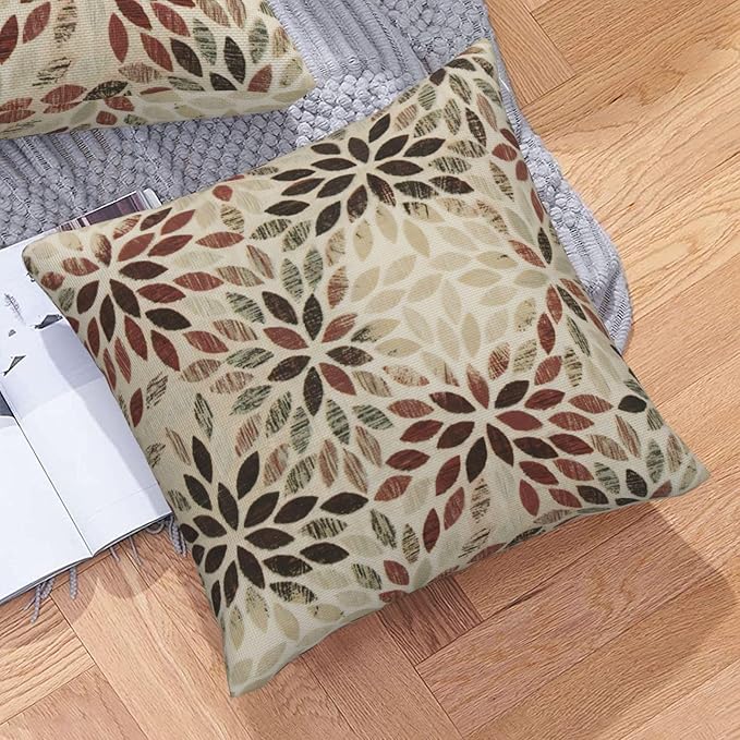 Burgundy Red Brown Pillow Covers 24x24 Inch Set of 2 Summer Rust Geometric Flower Outdoor Decorative Throw Pillows Farmhouse Dahlia Pillow Case Linen Square Cushion Cover for Home Sofa Bedroom