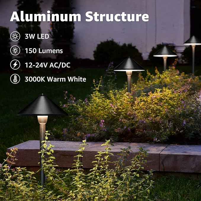 SUNVIE 8-Pack Low Voltage Landscape Pathway Lights 12-24V 3W LED Landscape Lighting 3000K Outdoor Pathway Lighting IP65 Waterproof Aluminum Wired Path Lights for Yard Garden Walkway, ETL Listed Cord