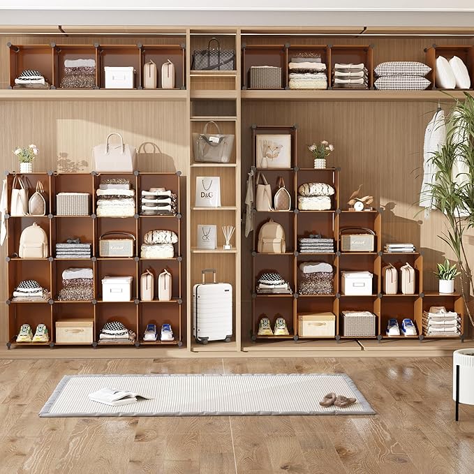 AWTATOS Cube Storage Organizer, Storage Cubes Shelves Bookshelf, 12 Cube Closet Organizers and Storage, DIY Stackable Plastic Clothes Organizer Shelving for Bedroom, Home, Cocoa Brown