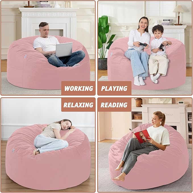 4FT Bean Bag Chair with Ultra Soft Velvet Cover Bean Bag Sofa with Memory Foam Bean Bag Chairs with Large Size Lazy Sofa for Dorm Office Living Room Bedroom Light Pink 4'