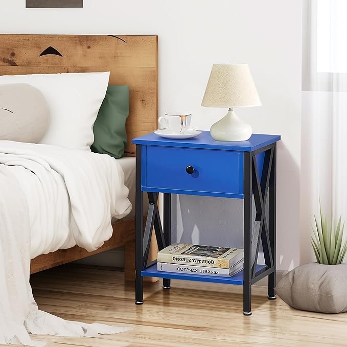 VECELO Nightstand,Modern Bedside End Table, Night Stand with Drawer and Storage Shelf for Living Room Bedroom, Industrial Metal Frame