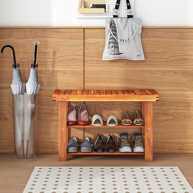 Tangkula Acacia Wood Shoe Rack Bench, 3 Tier Sturdy Storage Organizer, Holds up to 180lbs for Entryway Bedroom Living Room Balcony, Teak Color (27.5-inch)