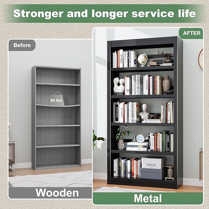 Bookcase, 5-Shelf Heavy Duty Metal Bookcase, Adjustable Bookshelf with Large Capacity, Book Shelf for Home Office, Living Room, Garage