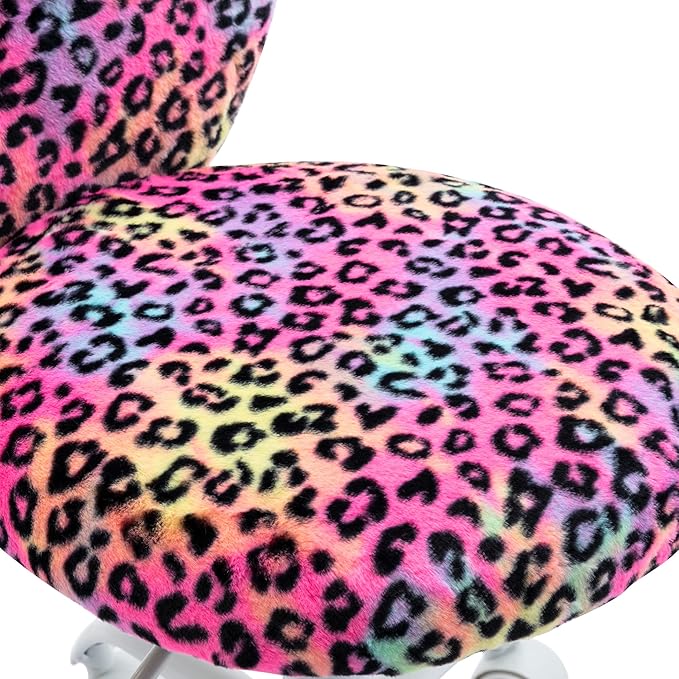 Cute Fuzzy Kids Chair Rolling Study Desk Chair Furry Studing Computer Task Chair Faux Fur Swivel Vanity Chair for Girls Boys Bedroom, Red Leopard