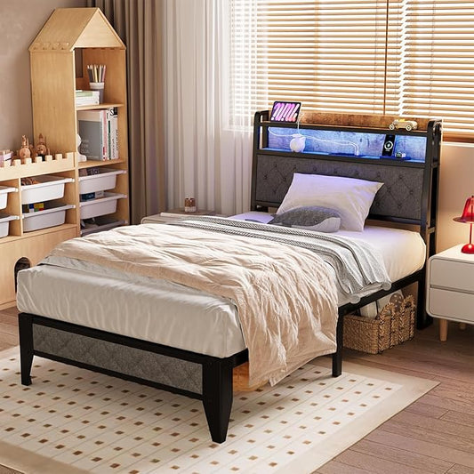 Winkalon Twin Led Bed Frame with Headboard, Bed Frame with Charging Station, Metal Platform Bed Frame Twin Size No Box Spring Needed, Modern Wood Upholstered Headboard and Under Bed Storage