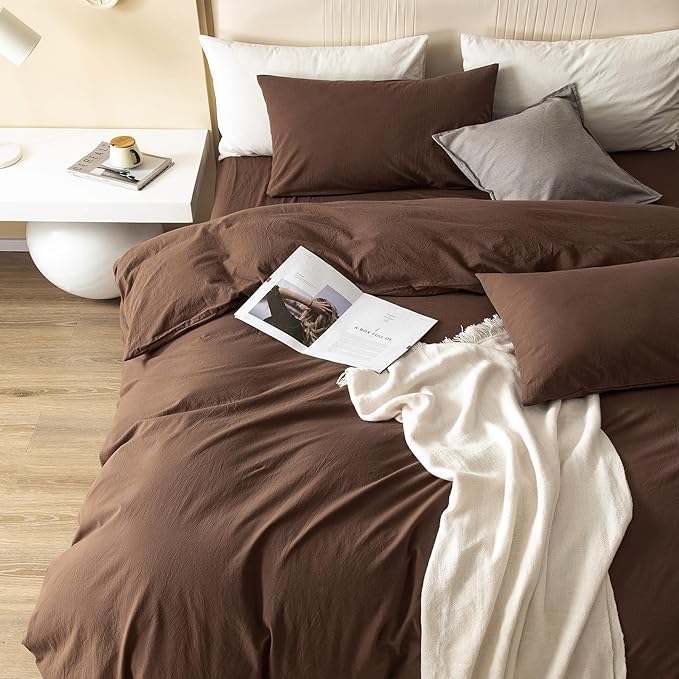 JIYUAN 100% Washed Cotton Duvet Cover Set 3 PCS Oversized King Plus, 1 Duvet Cover 128"x120"(Comforter Not Included) and 2 Pillowcases,Linen Feel Bedding Set Comfy and Breathable,Chocolate Brown