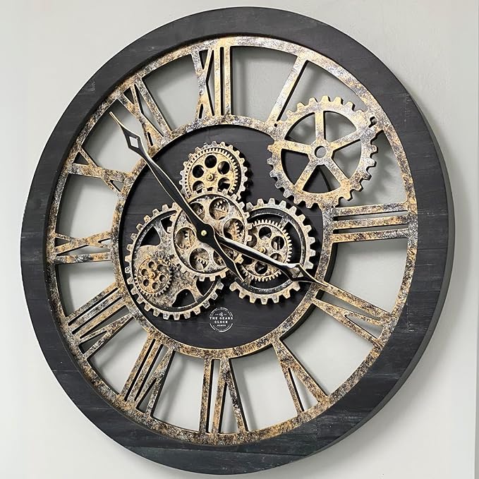 The Gears Clock The Original Real Moving Gear Wall Clock Vintage Industrial Oversized Rustic Farmhouse (24 inch (60cm), Vintage Black Wood and Bronze)