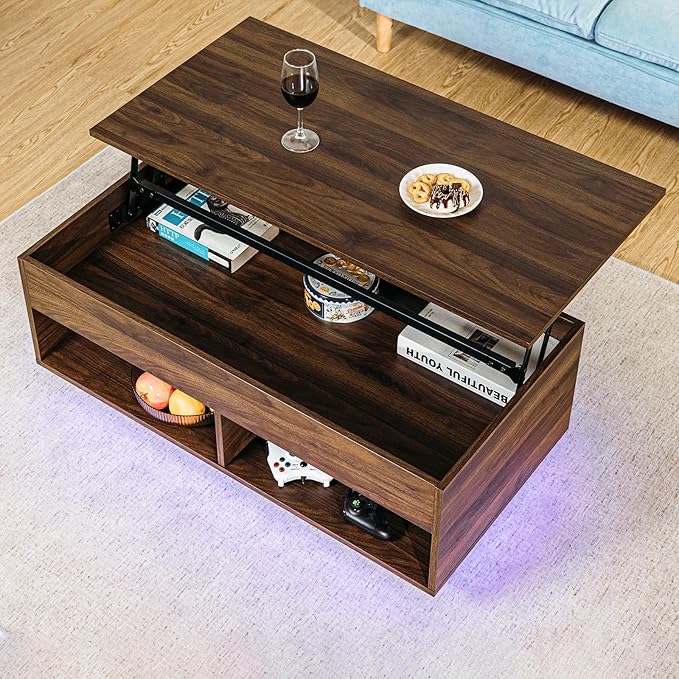 HOMMPA Lift Top Coffee Table with Storage for Living Room,Mid Century Modern LED Coffee Table, 3 Tiers Farmhouse Wood Center Tea Table with 2 Open Shelves,Walnut