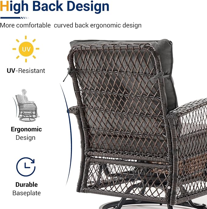 UDPATIO 3 Pieces Patio Furniture Set, Outdoor Swivel Rocker Patio Chairs Set of 2, All-Weather PE Wicker Glider Chairs with Thick Cushions and Glass Coffee Table,for Porch Deck Backyard Grey