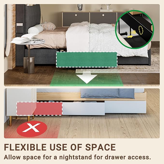 ANCTOR Twin Bed Frame with 3 Drawers, Upholstered Platform Bed with Storage Headboard and Charging Station, No Box Spring Needed, Easy Assembly, Grey