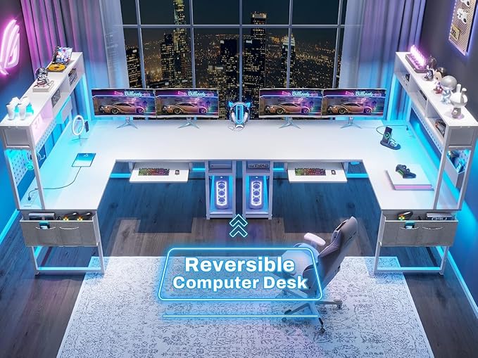 SEDETA White L Shaped Gaming Desk, Reversible Corner With Power Outlet and Pegboard, Hutch, Storage Shelf, Keyboard Tray, and LED Lights for Home Office