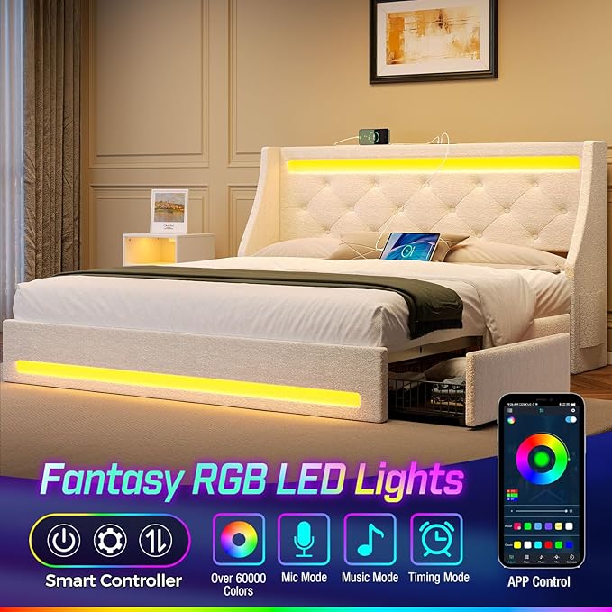 Rolanstar Full Bed Frame with LED Lights and Charging Station, Upholstered Bed with Drawers, Wooden Slats, Noise Free, Easy Assembly, Beige