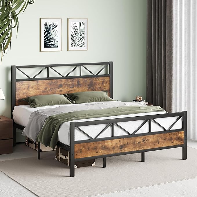 King Size Bed Frame, King Bed Frame and 51.2" Tall Industrial Headboard, King Platform Bed Frame with Strong Steel Slats Support, Noise Free, No Box Spring Needed, Easy Assembly, Rustic Brown