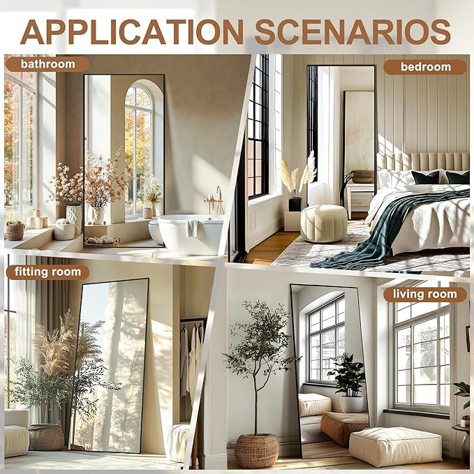 Delma Full Length Standing Mirror,Large Floor Mirror with Aluminum Frame for Bedroom, Bathroom, Living Room,Wall Mount or Freestanding Design(with Stand,Rect 75x35-Black)