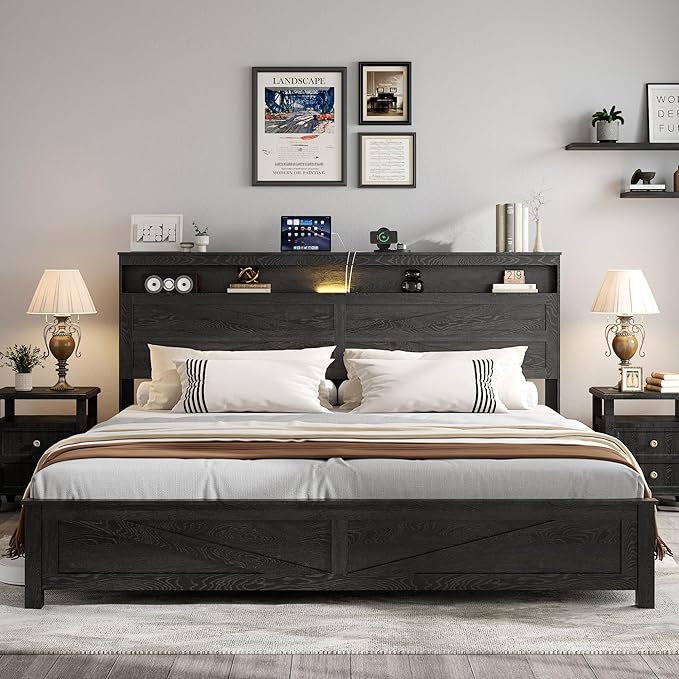 Farmhouse King Size Bed Frame with Headboard Storage Shelf, Wood Platform Bed Frame with LED Lights & Charging Station, Rustic Black Metal Bed, No Box Spring Needed, Noise-Free Sturdy Structure