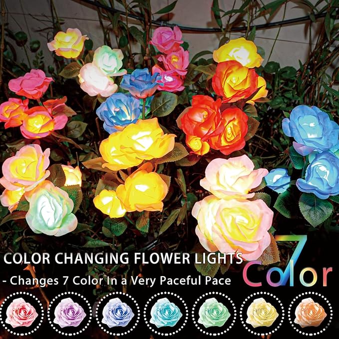 TONULAX Solar Garden Lights - Upgraded Outdoor Light, 7 Color Changing Rose Lights for Yard,Garden Decoration, Enlarged Solar Panel, More Realistic Rose Flower (4 Packs)