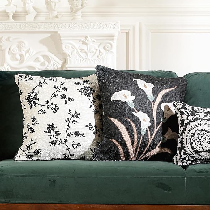 Black Throw Pillow Covers Set of 4,Elegant French with White Floral Pattern Throw Pillow Cases,Decorative Square Lumbar Pillows for Couch Sofa Bed Chair Cushion Covers Living Room