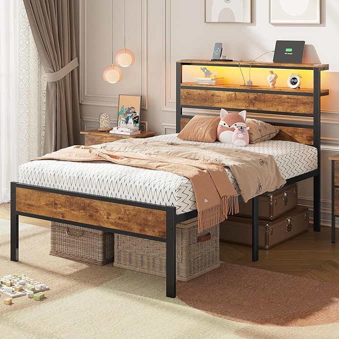 Hasuit Twin Bed Frame with Headboard LED Lights, Twin Size Bed with Charging Station 2-Tier Storage Shelves, Metal Platform Bed with Heavy Duty Slat, Fast Assembly, No Box Spring Needed, Noise Free