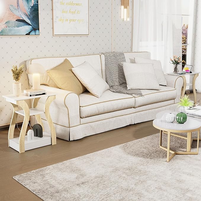 End Table with Charging Station, Side Table with USB Ports and Outlets, 3 Tier Nightstand Sofa Table for Small Spaces, Beside Table with Storage Shelf for Living Room, Bedroom