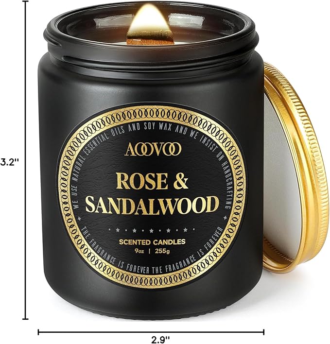 AOOVOO Scented Candles for Men - Rose & Sandalwood Candles for Home Scented | Crackling Wood Wick Soy Candle | Strong Fragranced Masculine Black Candle Gift for Women & Men, 9oz