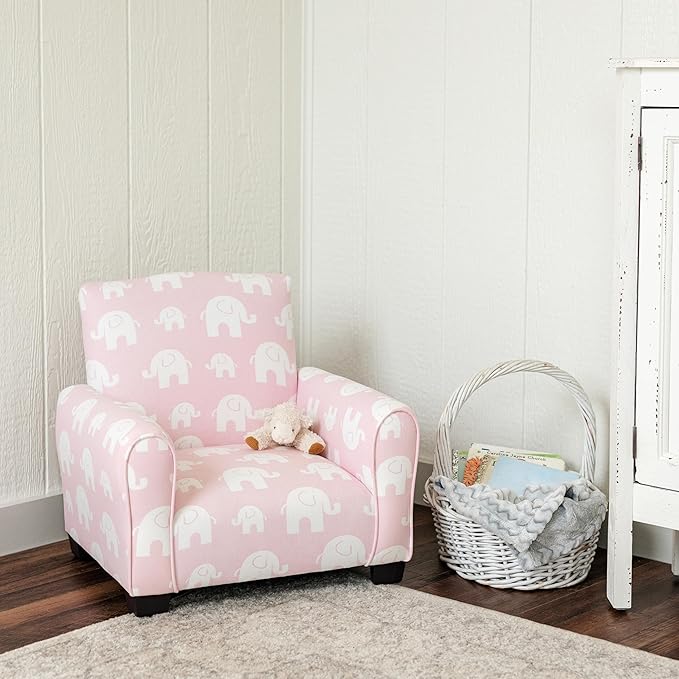 Kid Rocking Chair for Toddlers, Child Chair for Little Kids, Upholstered Toddler Armchair for Children, Comfy and Cute Little Kid Chairs (Legs, Pink Elephants Print)