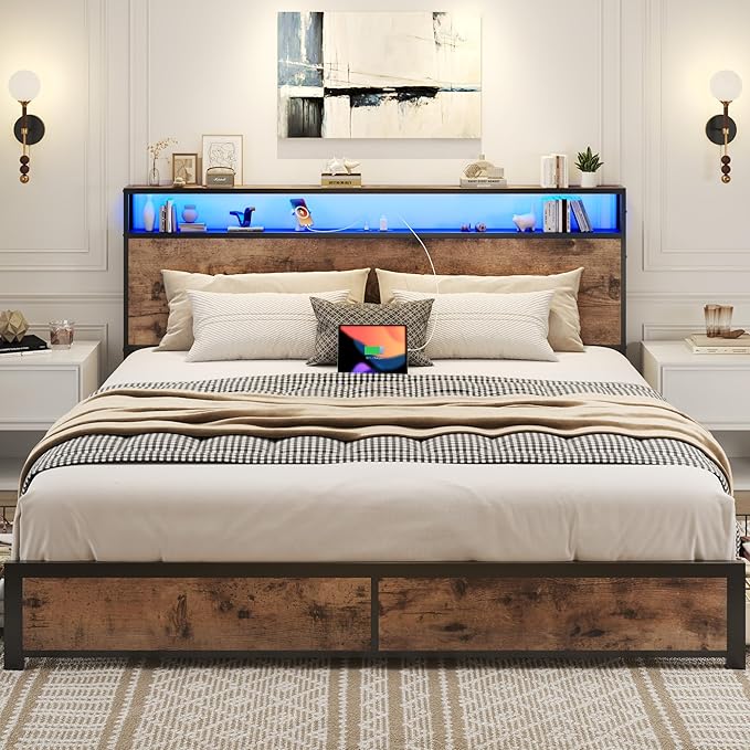 Lifezone Queen Bed Frame with 2-Tier Storage Headboard, Metal Platform Bed Frame with 4 Storage Drawers, Built in Charging Station & LED, Noise-Free/Metal Support/No Box Spring Needed, Rustic Brown
