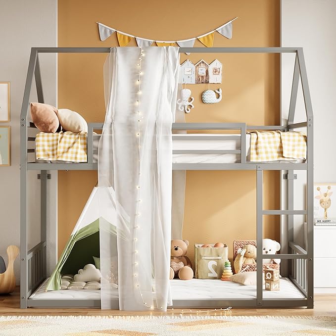 LIKIMIO Bunk Bed Twin Over Twin, House Bunk Bed Frame with Ladder and Guardrail, House Shaped with Metal Slats for Dormitory and Bedroom, Space Saving, No Box Spring Needed, Grey
