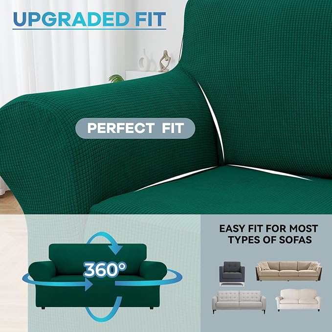 LURKA Stretch Loveseat Sofa Slipcovers 1 Piece Couch Covers for Sofa Furniture Protector Full Sofa Covers with Elastic Bottom for Kids and Dog (Dark Green, Medium)
