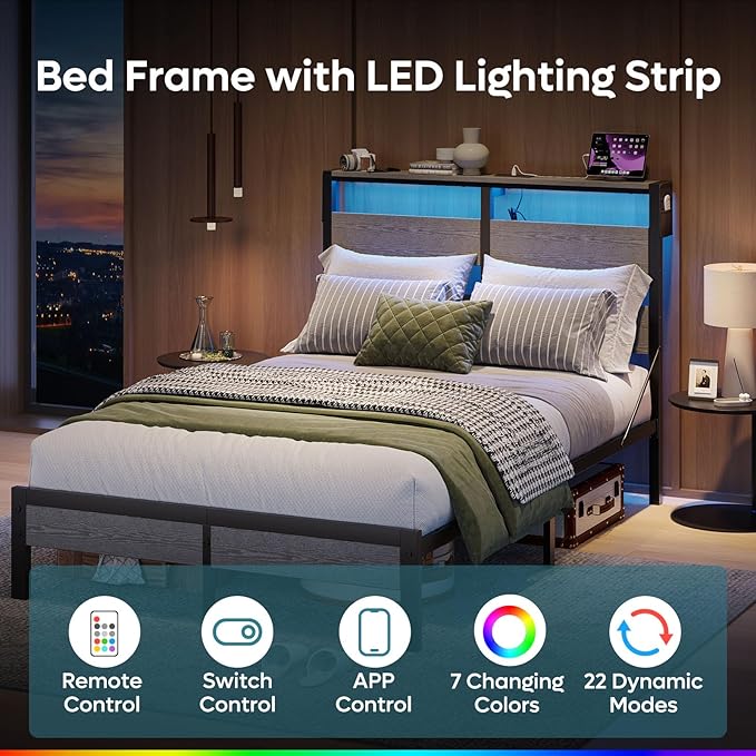 Bestier Full Bed Frame with Headboard Storage and Charging Station, Platform Bed Frame with LED Lights, Non-Slip Metal Bed Frame Full Size, Noise-Free, Easy Assembly, Grey