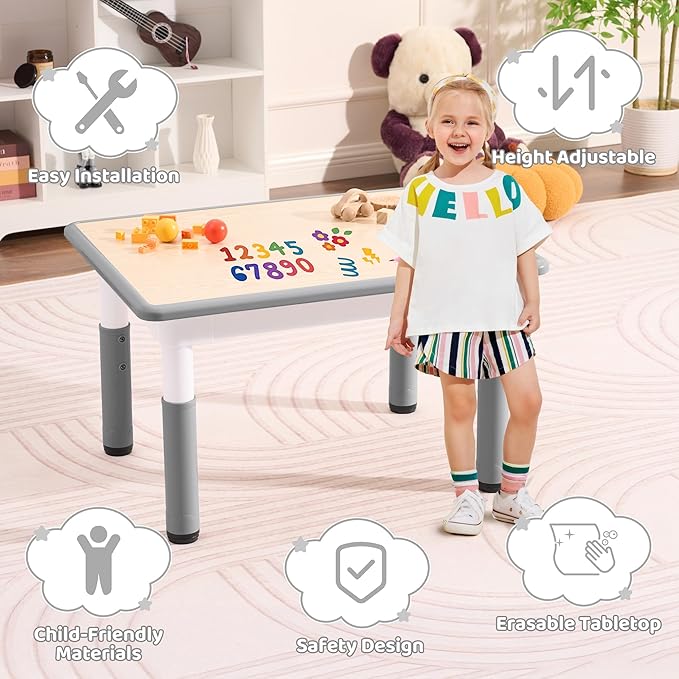 Toddler Table, 7 Level Height Adjustable Kids Play Furniture for Ages 3-8, Rectangular Plastic, 23.6" W x31.5 L, Multi-Activity Desk with Graffiti Desktop for Home & Daycare