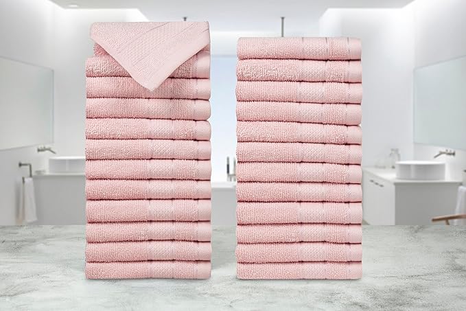 Casa Lino Face Towels & Body Wash Cloths for Showering - 100% Cotton Wash Cloths for Bathroom - Highly Absorbent & Quick Drying Washcloth Set - Cotton Washcloths 24 Pack (12" x 12") - (Blush Pink)