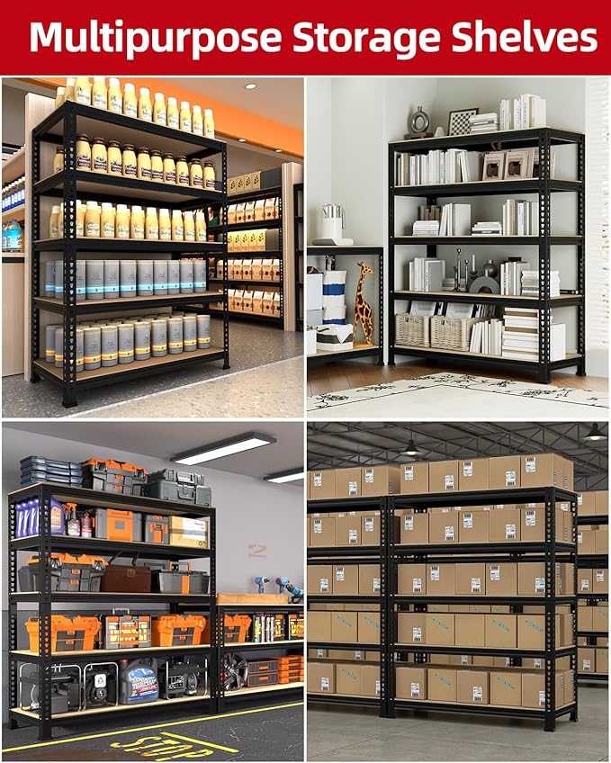 PrimeZone 32" W x 16" D x 63" H Storage Shelves - 5 Tier Adjustable Garage Storage Shelving, Heavy Duty Metal Storage Utility Rack Shelf Unit for Warehouse Pantry Closet Kitchen, Black