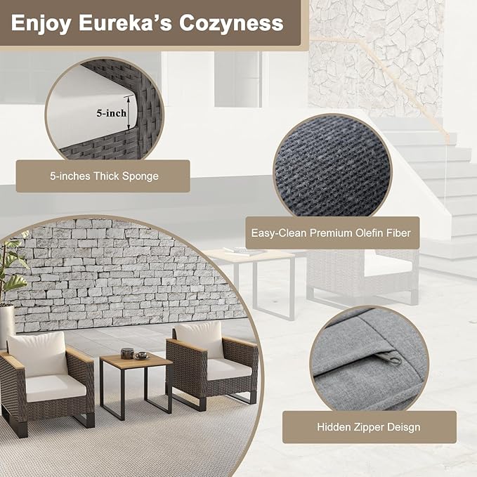Ypati 3-Piece Handwoven Rattan Patio Conversation Set, Aluminum Frame with All Weather Coating, for Porch, Balcony, Garden, 2 Comfortable Chairs with Coffee Table, Black & Light Gray, Eureka
