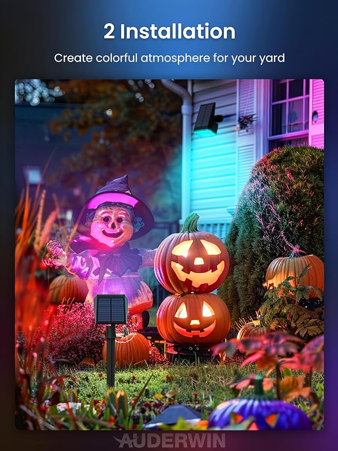 Color Changing Solar Spot Lights Outdoor, 9 Modes Colored RGB Solar Lights, IP67 Waterproof Landscape Spotlights for Holidays