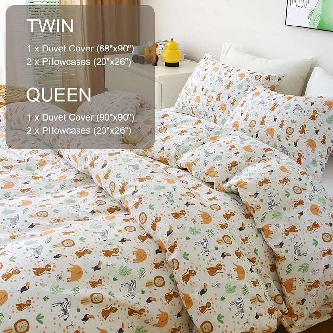 Ivellow Twin Duvet Cover for Kids Cartoon 100% Cotton Kids' Duvet Cover Set Zoo Animal Lion Elephant Patterned Ultra Soft Breathable Cute Toddler Bedding Set Zipper Closure Boys Girls Teens
