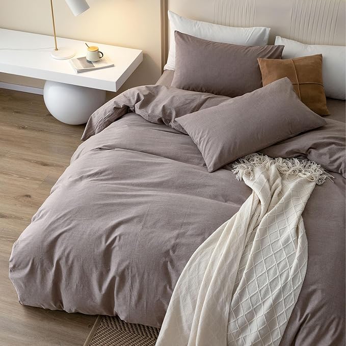 JIYUAN 100% Washed Cotton Duvet Cover Set 3 Pieces Oversized Queen, 1 Duvet Cover 98x98 Inches(Comforter Not Included) and 2 Pillowcases,Linen Like Comfy and Breathable, Heathered Mauve Brown