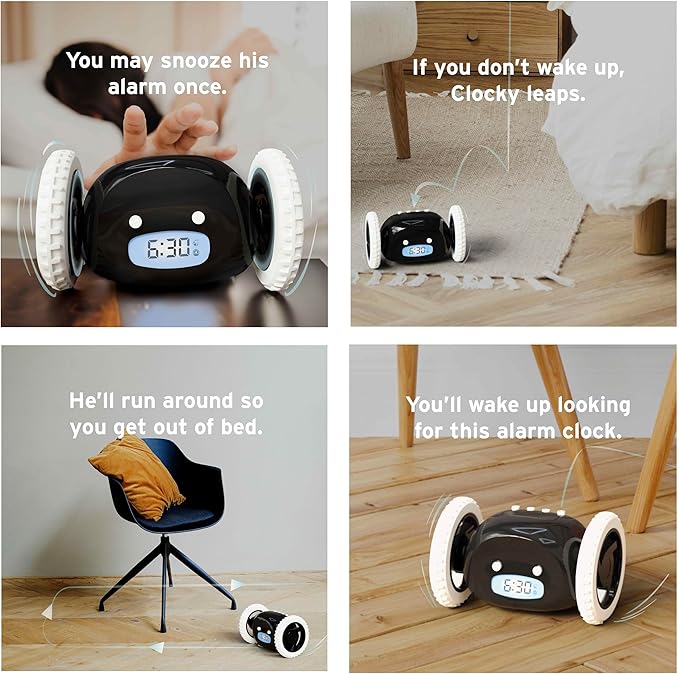 CLOCKY Extra Loud Alarm Clock for Heavy Sleepers on Wheels Rolls Runs Away Vibrating, Easy to Set Super Smart Snooze Digital Bed Shaker Alarm Clock Funny Gift for Adults Kids Teens Bedrooms (Black)