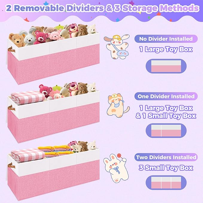 Extra Large Toy Storage Box with Lid, Collapsible Sturdy Toys Chest Storage Organizer Bin Basket with Divider for Kids, Boys, Girls, Closet, Playroom, Bedroom, Nursery, 40"X14"X16", Pink & White