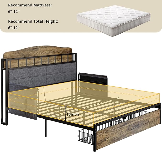 LIKIMIO Queen Bed Frame with Guardrail & Bedside Caddy, Multifunctional Headboard with Charging Station, Durable Metal Platform Bed, Noise-Free, No Box Spring Needed, Black