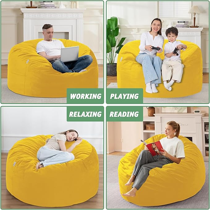 4FT Bean Bag Chair with Ultra Soft Velvet Cover Bean Bag Sofa with Memory Foam Bean Bag Chairs with Large Size Lazy Sofa for Dorm Office Living Room Bedroom Yellow 4'