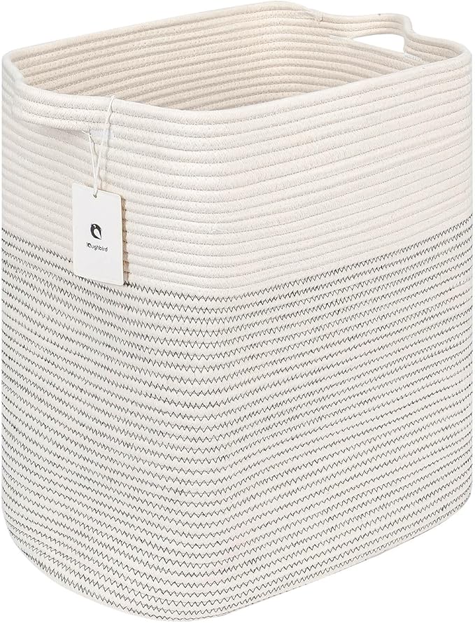 Storage Baskets for Clothes Fabric Cotton Rope Storage Basket bins with Handles, Decorative Woven Basket for Living Room,Closet Organizer Blankets Tall 2 bags White/Black Line, L14×W11×H14