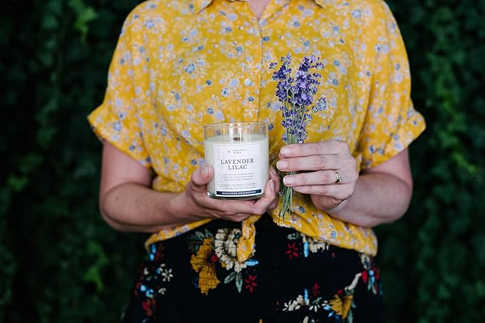 PERIPETI Home Lavender + Lilac Scented Candle - Wooden Wick, 8.5oz Natural Soy Wax for Soothing Aromatherapy - Long-Lasting Relaxing Fragrance for Home or Spa