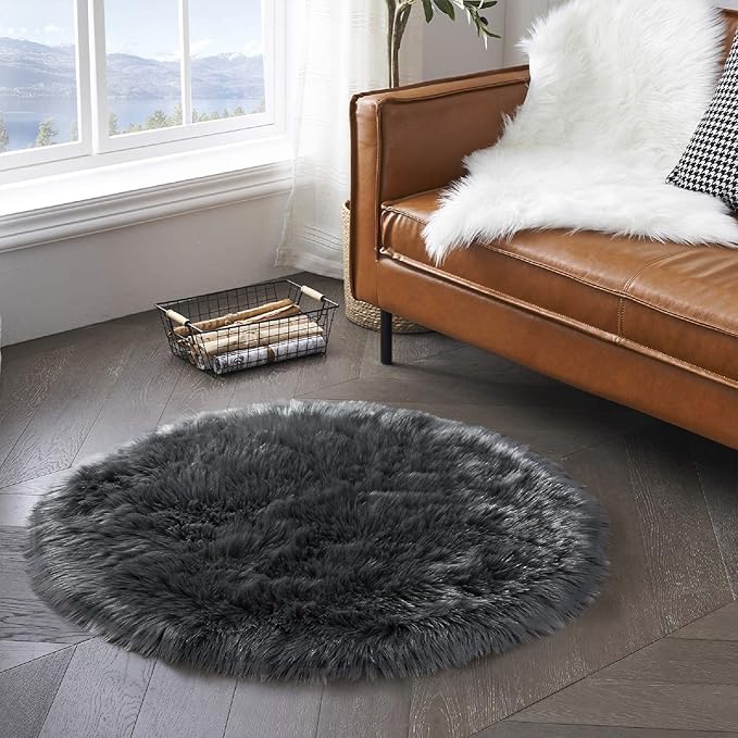 Latepis Dark Grey Round Rugs 4ft Circle Faux Fur Rug Washable Fluffy Furry Boho Rug Sheep Skin Rugs for Bedroom Room Decor