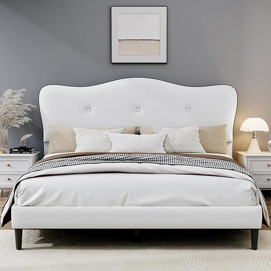 Queen Size Bed Frame, Upholstered Bed Frame with Headboard, Platform Bed Frame with Wood Slats Support, No Box Spring Needed, Adjustable Height Headboard, White